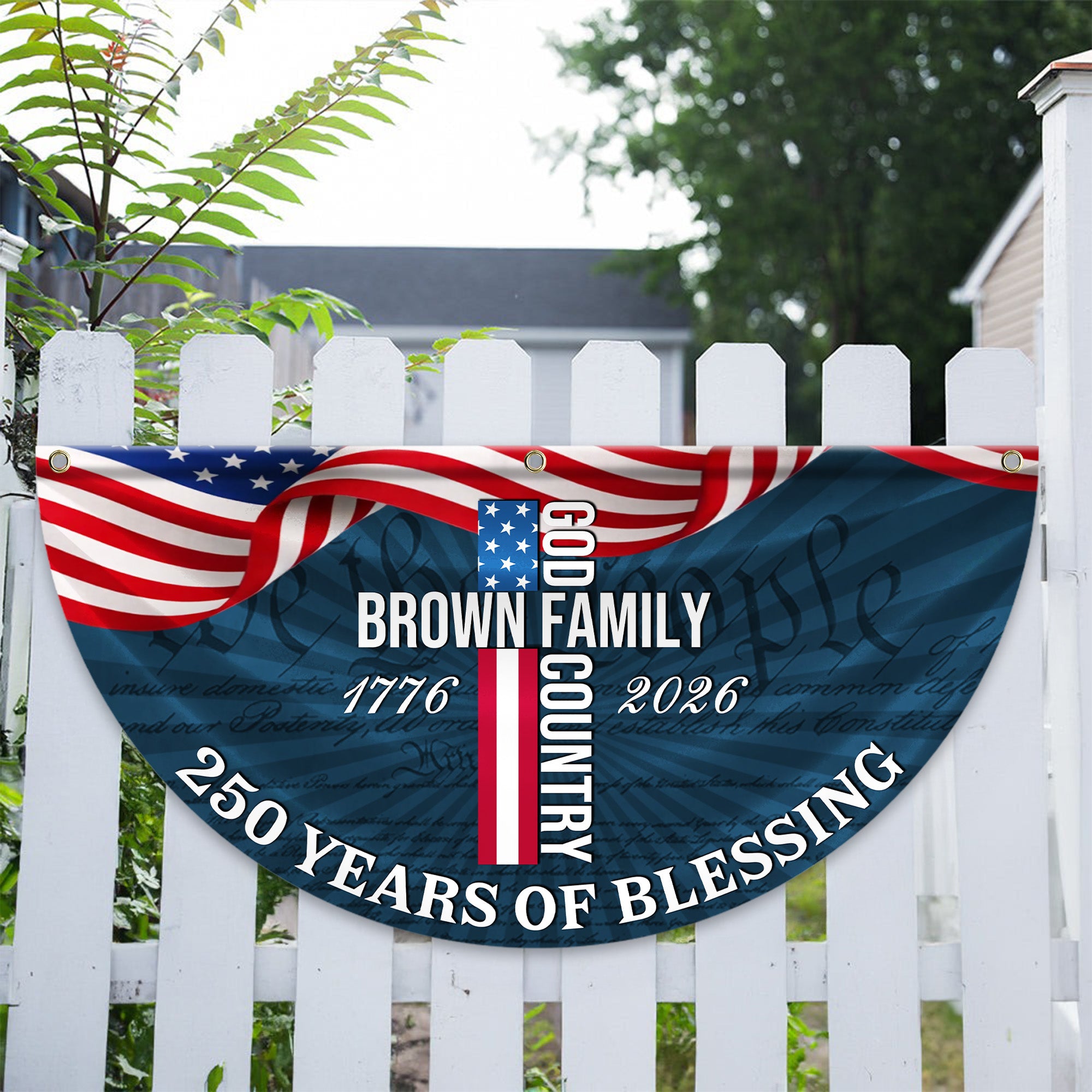 Personalized America 250th Anniversary Bunting Flag Custom Family Name Patriotic American Flag, 250 Years of Blessing God Fan Flag