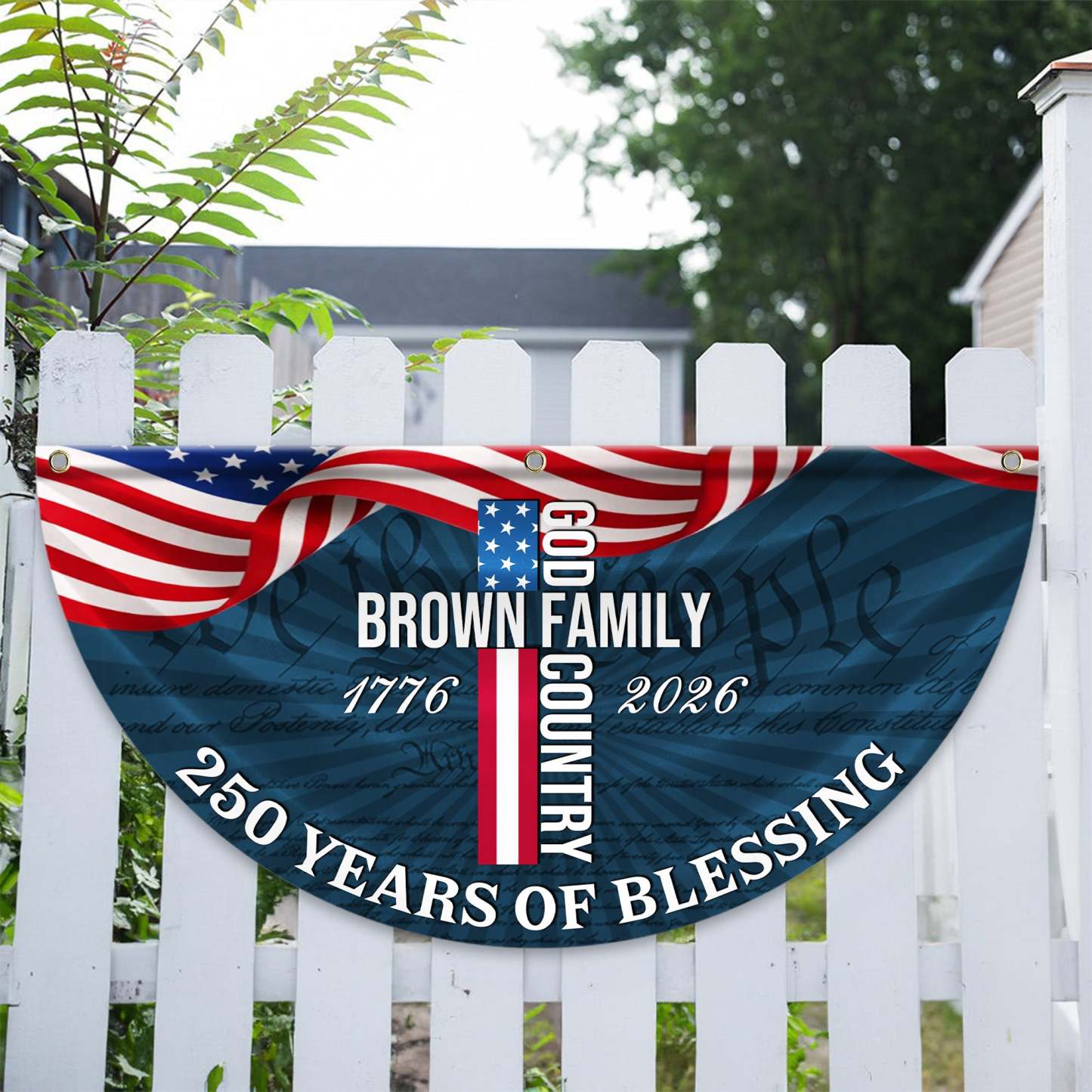 Personalized America 250th Anniversary Bunting Flag Custom Family Name Patriotic American Flag, 250 Years of Blessing God Fan Flag