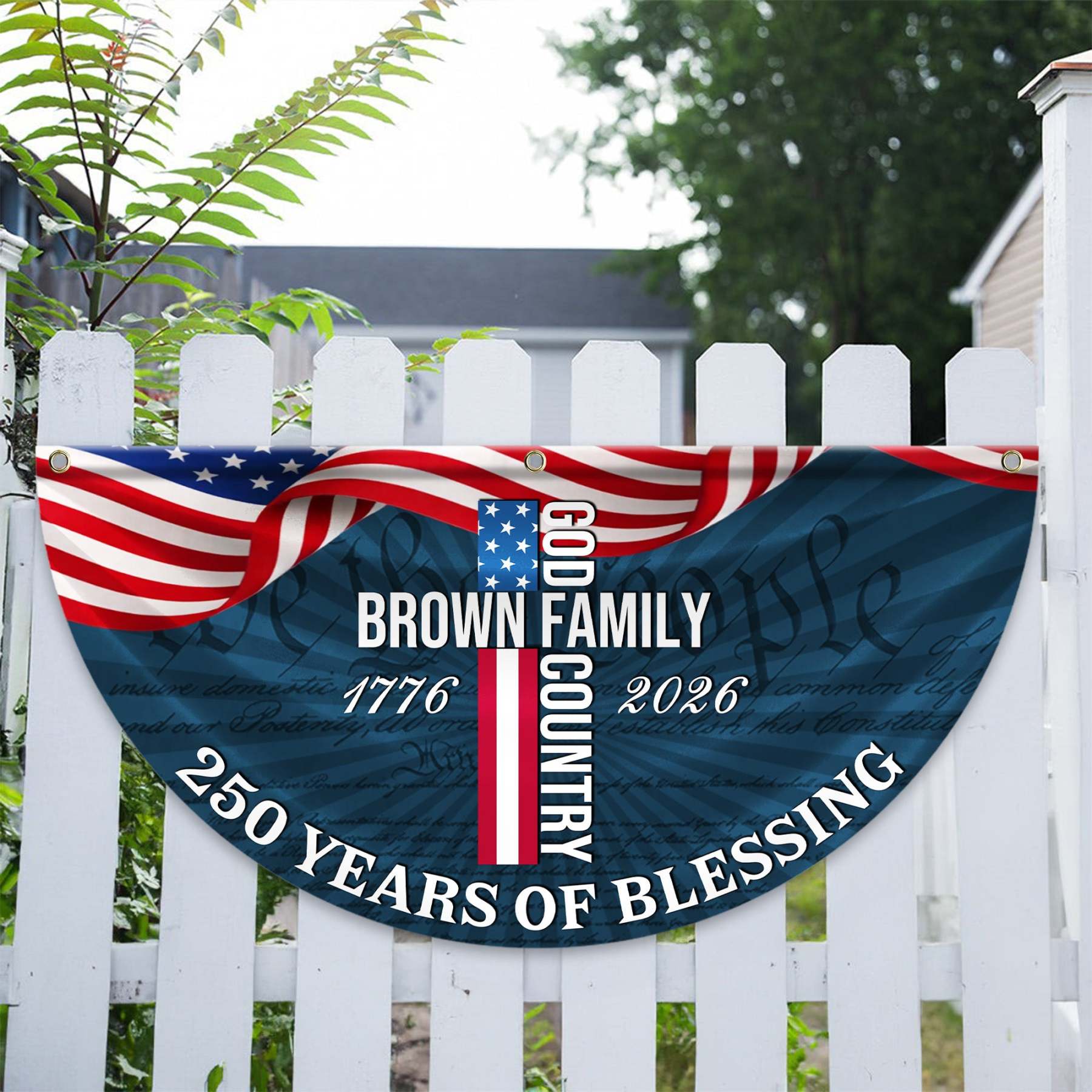 Personalized America 250th Anniversary Bunting Flag Custom Family Name Patriotic American Flag, 250 Years of Blessing God Fan Flag