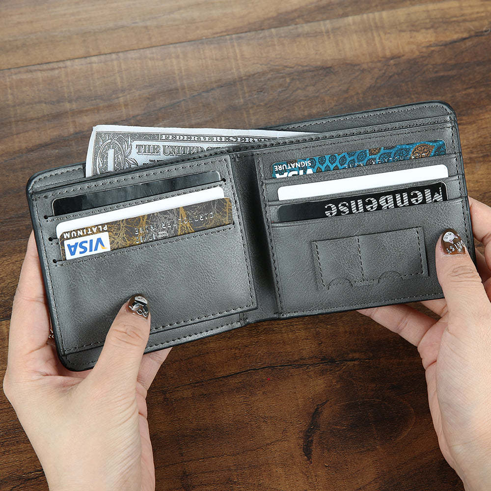 Men's Wallet Custom Photo Engraved Wallet Grey Leather Personalized Wallets