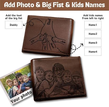 Custom Wallets for Men, Personalized Photo & Name Wallet for Men One Fist Bump Engraved Leather Wallet for Dad Husband Son BF Groomsmen Birthday Anniversary Christmas Father's Day Gifts