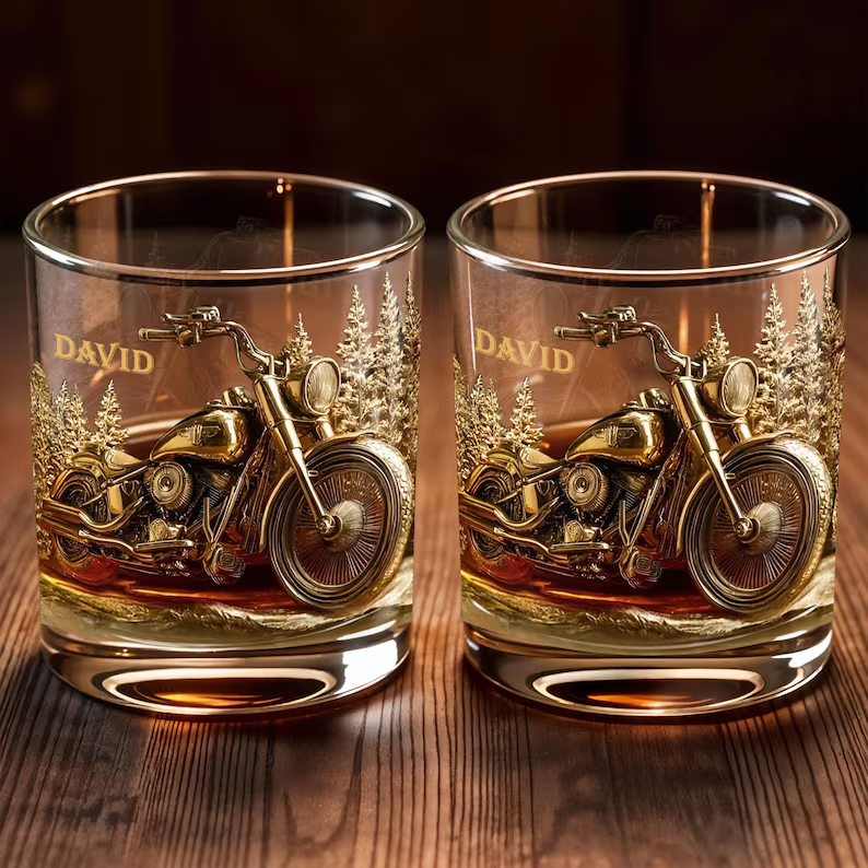 Custom Motorcycle Rider Whiskey Glass, Personalized Biker Bourbon Tumbler, Engraved Name Drinking Glass Gift for Him