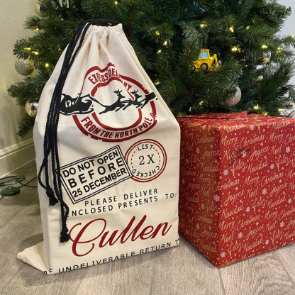Personalized Christmas Santa Sack, Custom Canvas Gift Bag, Large Santa Present Sack for Kids, Reusable Holiday Gift Bag