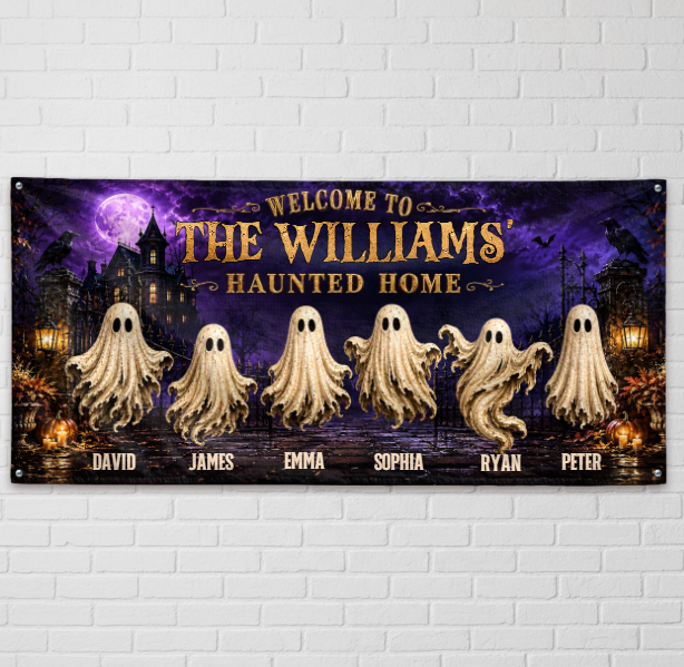 Custom Haunted Home Outdoor Banner - Personalized Halloween Decor Gifts For Mom, Dad, Brother, Sister - Beware Of Our House
