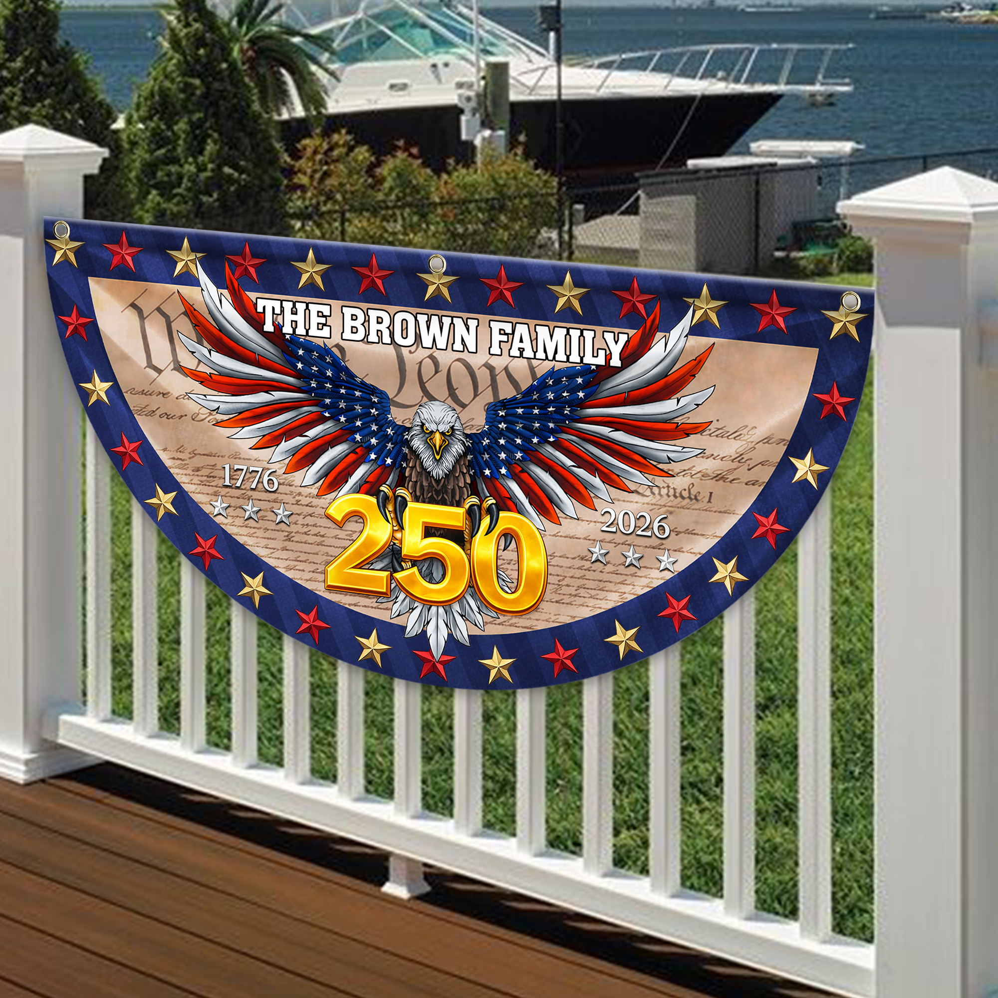 Personalized America 250th Anniversary Bunting Flag Custom Family Name American Flag - We The People Patriotic Eagle Non-Pleated Fan Flag