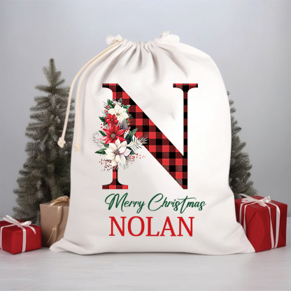 Personalized Christmas Santa Sack, Custom Plaid Initial & Name Gift Bag, Cotton Holiday Present Sack for Kids & Adults