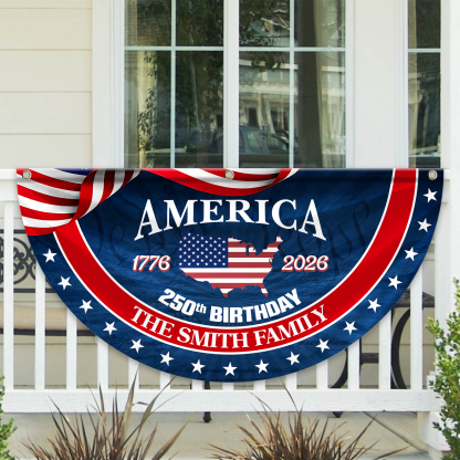 Personalized America 250th Anniversary Bunting Flag Custom Family Name America 250 Birthday 1776-2026 Non-Pleated Fan Flag