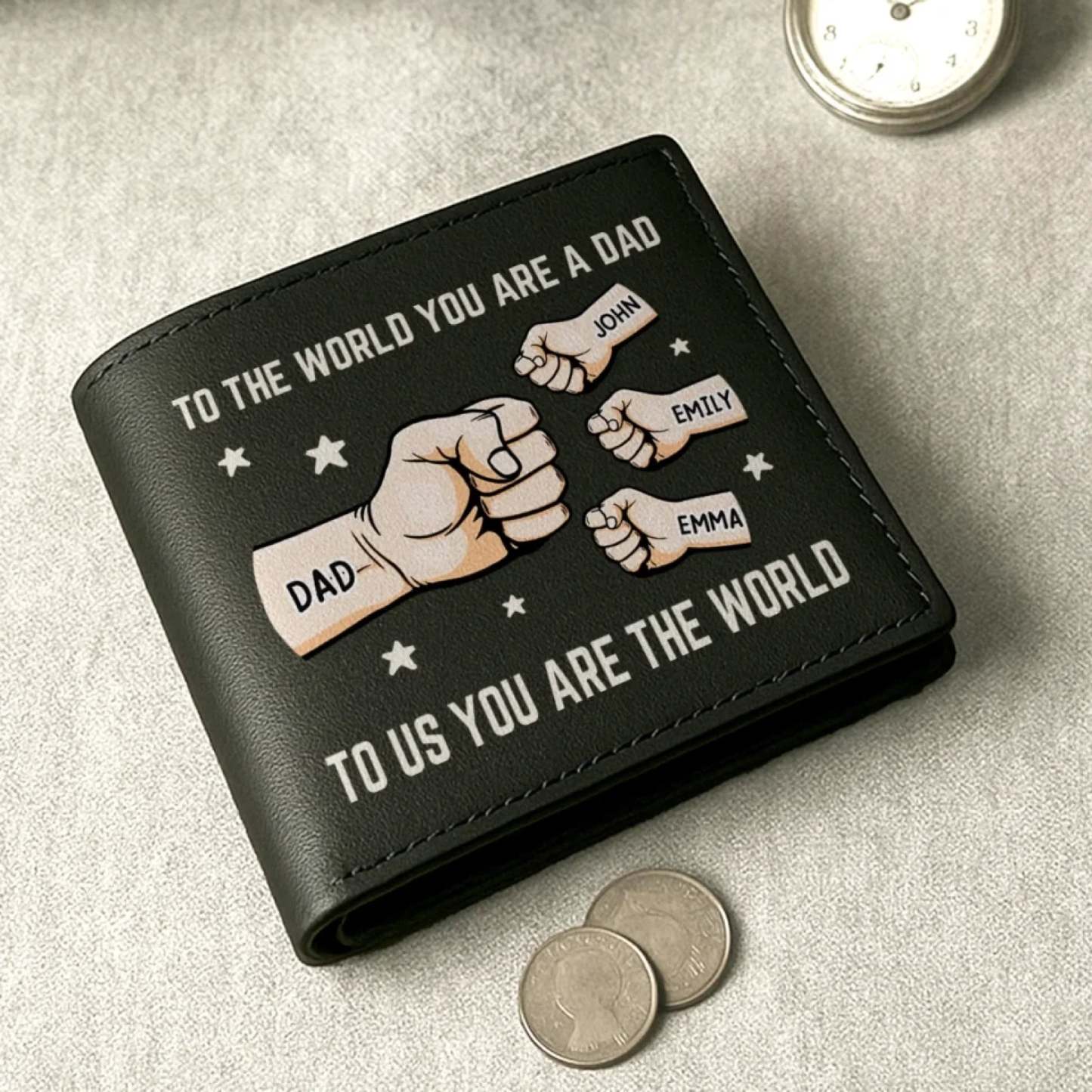 You’re My World, My Heart - Family Personalized Custom Double-Sided Printed Leather Wallet - Father's Day, Gift For Dad, Grandpa