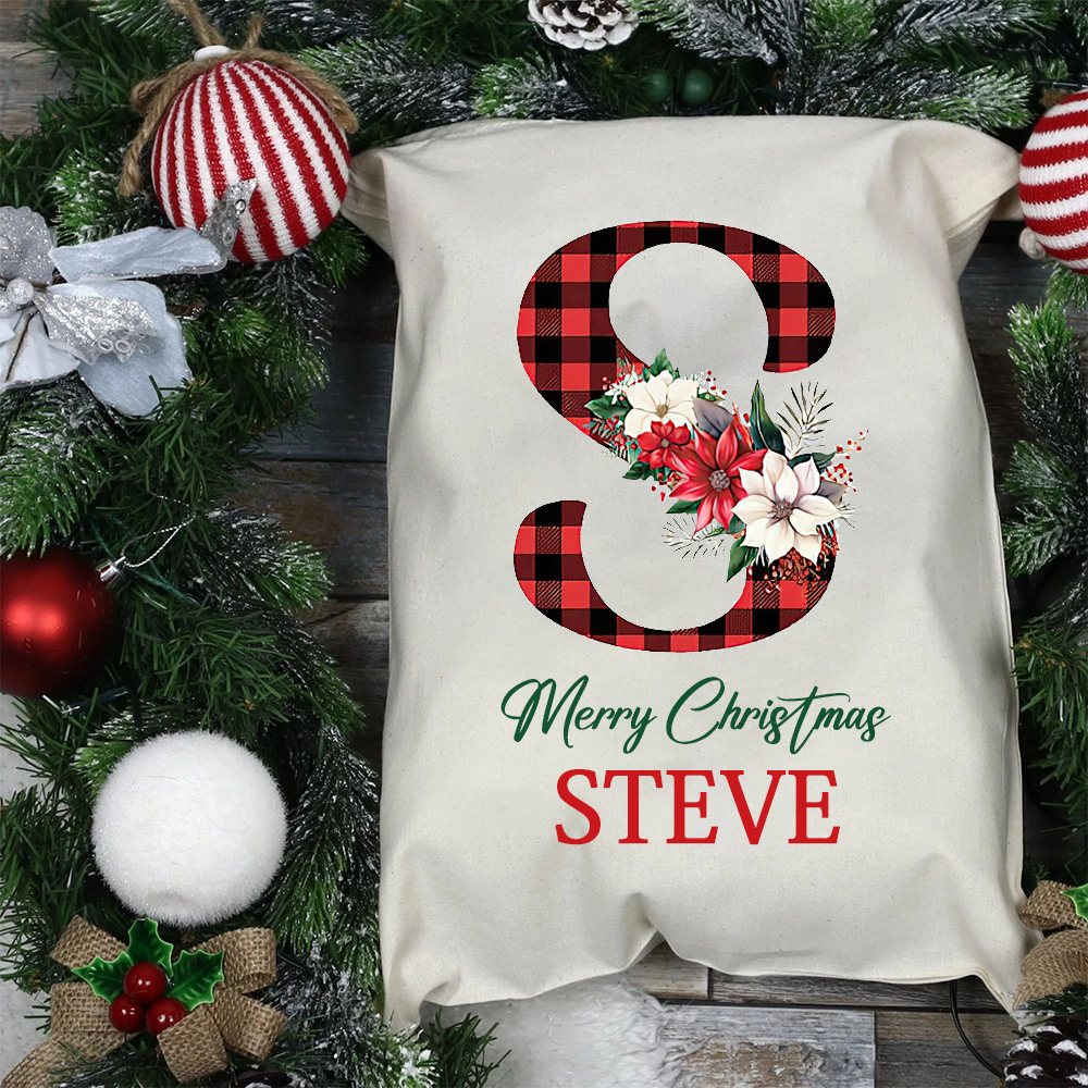 Personalized Christmas Santa Sack, Custom Plaid Initial & Name Gift Bag, Cotton Holiday Present Sack for Kids & Adults