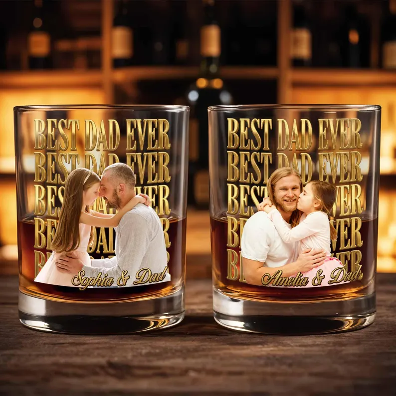 Personalized Photo Whiskey Glass 2D Flat, Best Dad Ever Custom Picture Bourbon Tumbler, Father Daughter Gift for Dad Father's Day