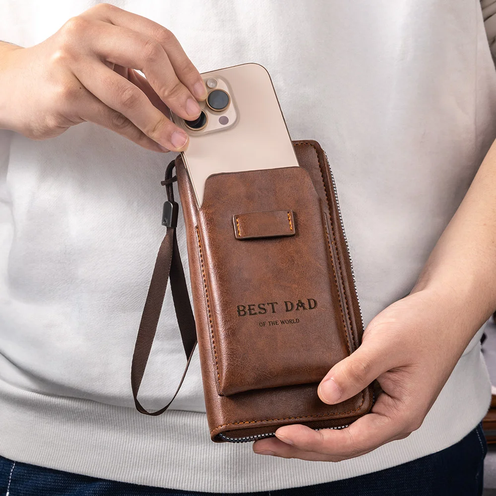 Personalized Engraved Text Portable Leather Zippered Man's Wallet with Wrist Strap and Phone Pocket Birthday Father's Day Anniversary Gift for Men