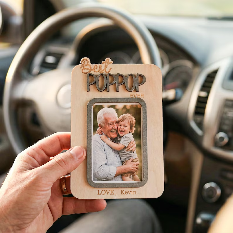 Personalized Dad Gift, Custom Photo Car Visor Clip and Photo Magnet, Wooden Keepsake Frame