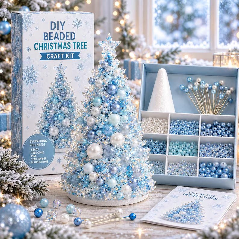 DIY Beaded Christmas Tree Craft Kit, Green Pearl Holiday Decor (Material Kit)