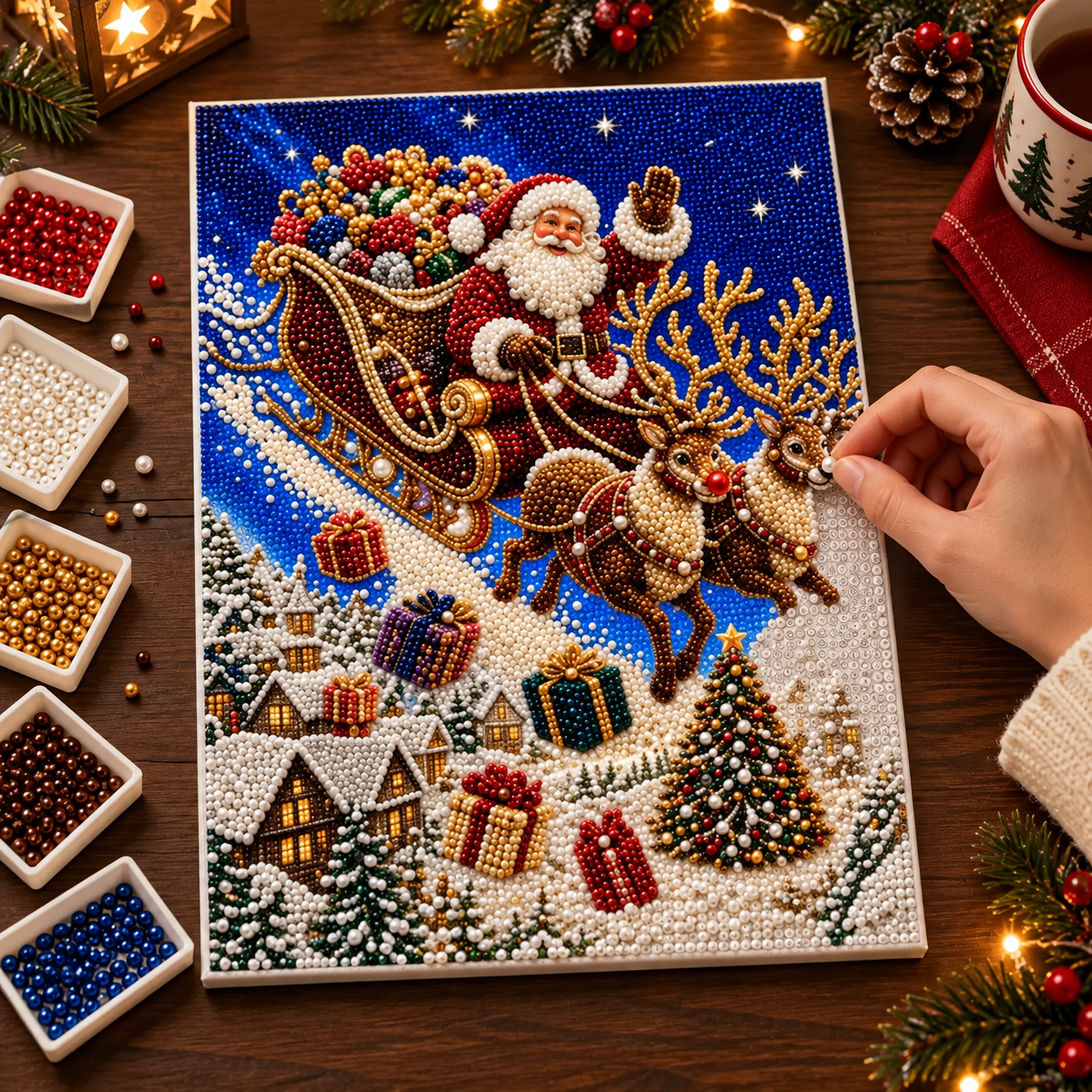 Christmas Pearl Diamond Painting Kit for Adults, 3D Pearl Bead Art DIY Craft with Santa, Reindeer, Angel & Christmas Tree Designs, Handmade Holiday Decor Gift