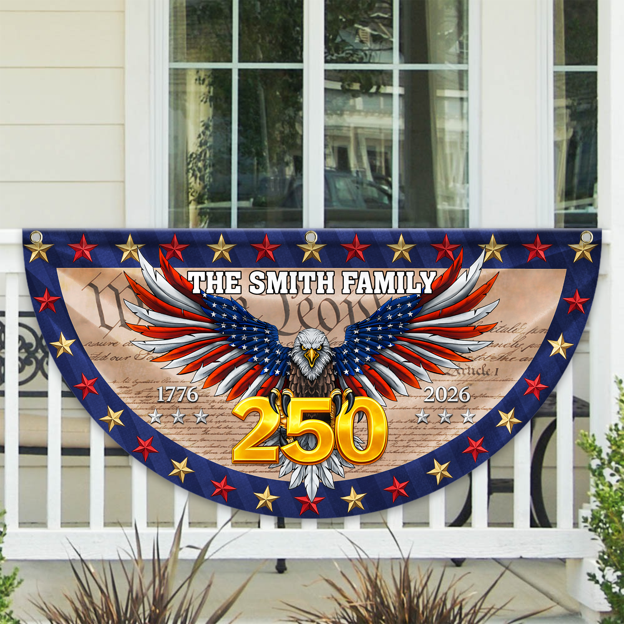 Personalized America 250th Anniversary Bunting Flag Custom Family Name American Flag - We The People Patriotic Eagle Non-Pleated Fan Flag