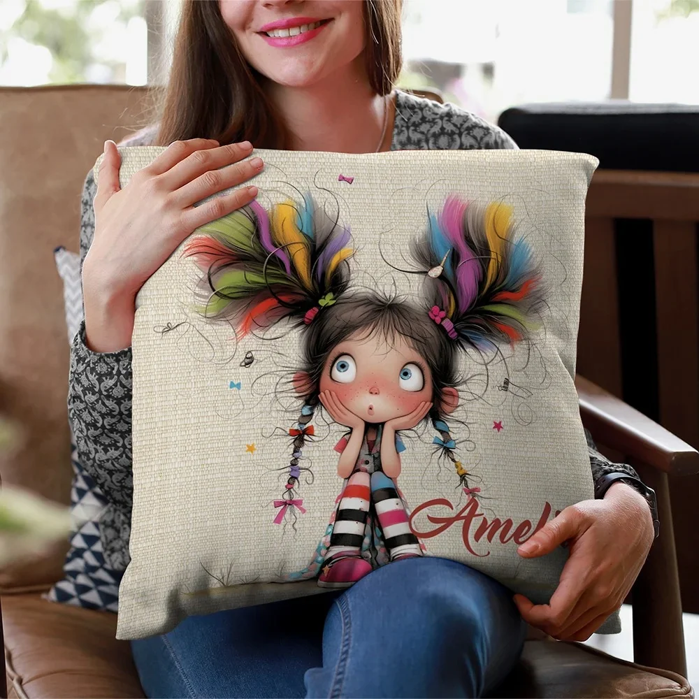 Personalized Cute Cartoon Quirky Girl Throw Pillow with Name Home Decor Birthday Gift for Girls