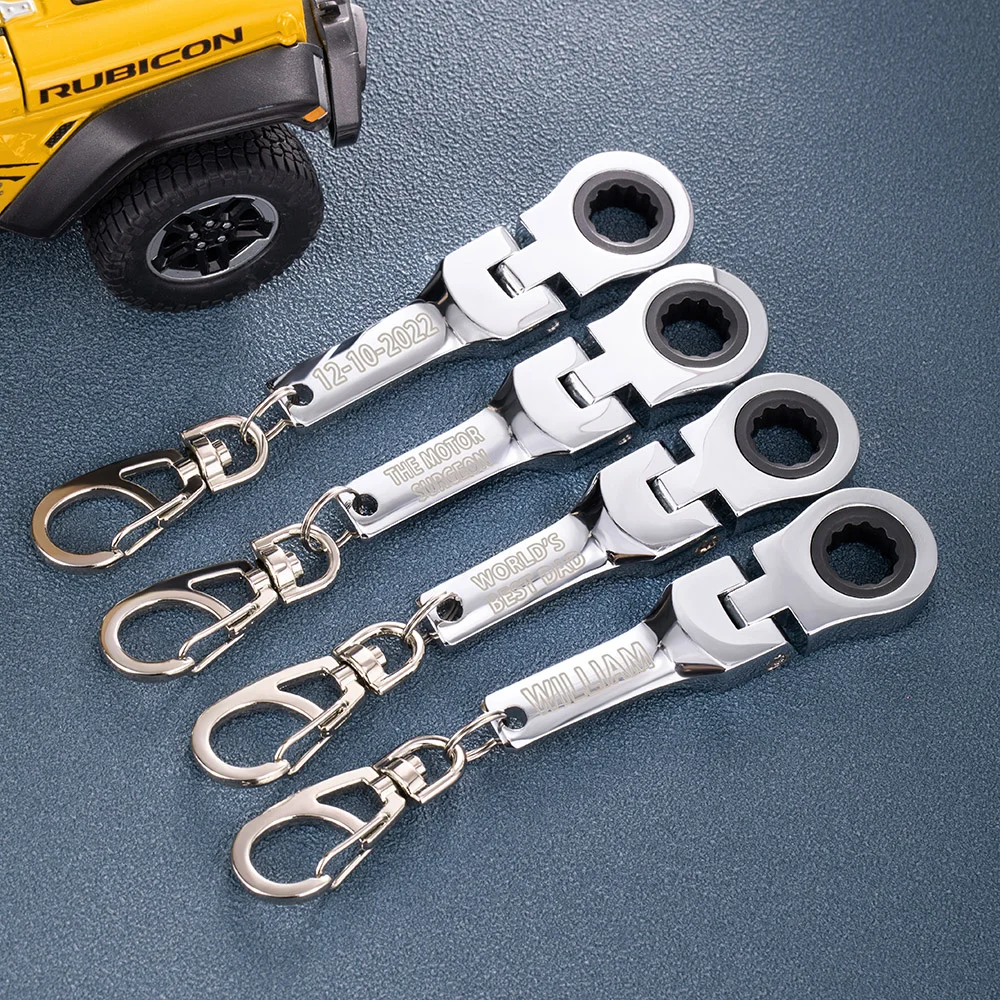 Personalized 10mm Ratchet Wrench Keychain Portable Key Ring with Engraving Flex Head Mini Hardware Tool Mechanic DIY Workshop Accessory