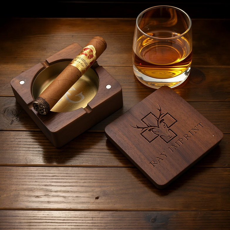 Personalized Wooden Ashtray with Lid – Custom Engraved Walnut Tray, Gift for Him, Grandpa Groomsmen Gift, Smoker Accessories