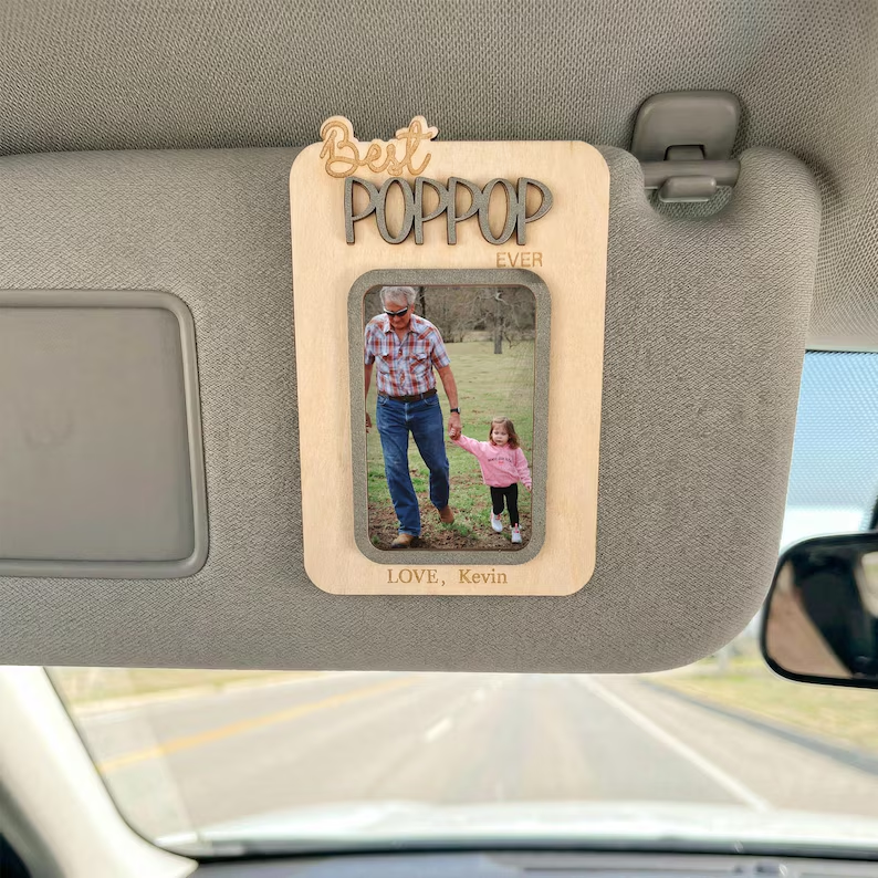 Personalized Dad Gift, Custom Photo Car Visor Clip and Photo Magnet, Wooden Keepsake Frame