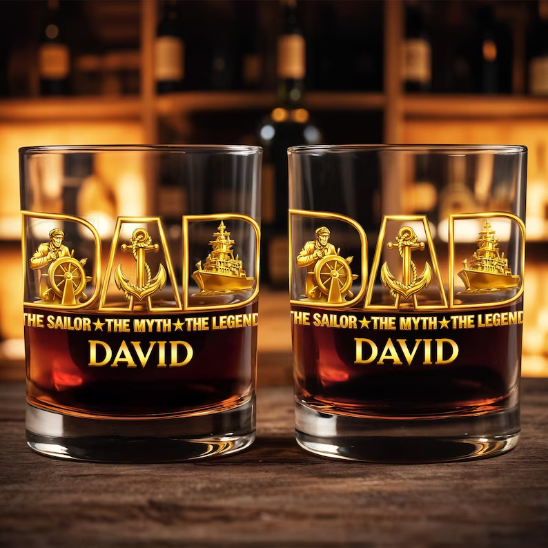 Personalized Sailor Dad Whiskey Glass 2D Flat Acrylic Block, Custom Navy Father Gift, The Sailor The Myth The Legend Name Decor