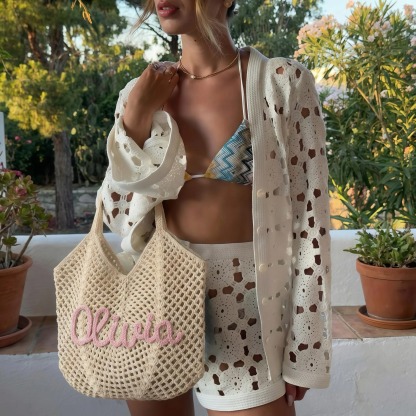 Custom Beach Bags, Personalized Crocheted Bride Tote Beach bags, Beach Vacation Wedding Favours, Mothers Day Gifts, Bridesmaid Gifts