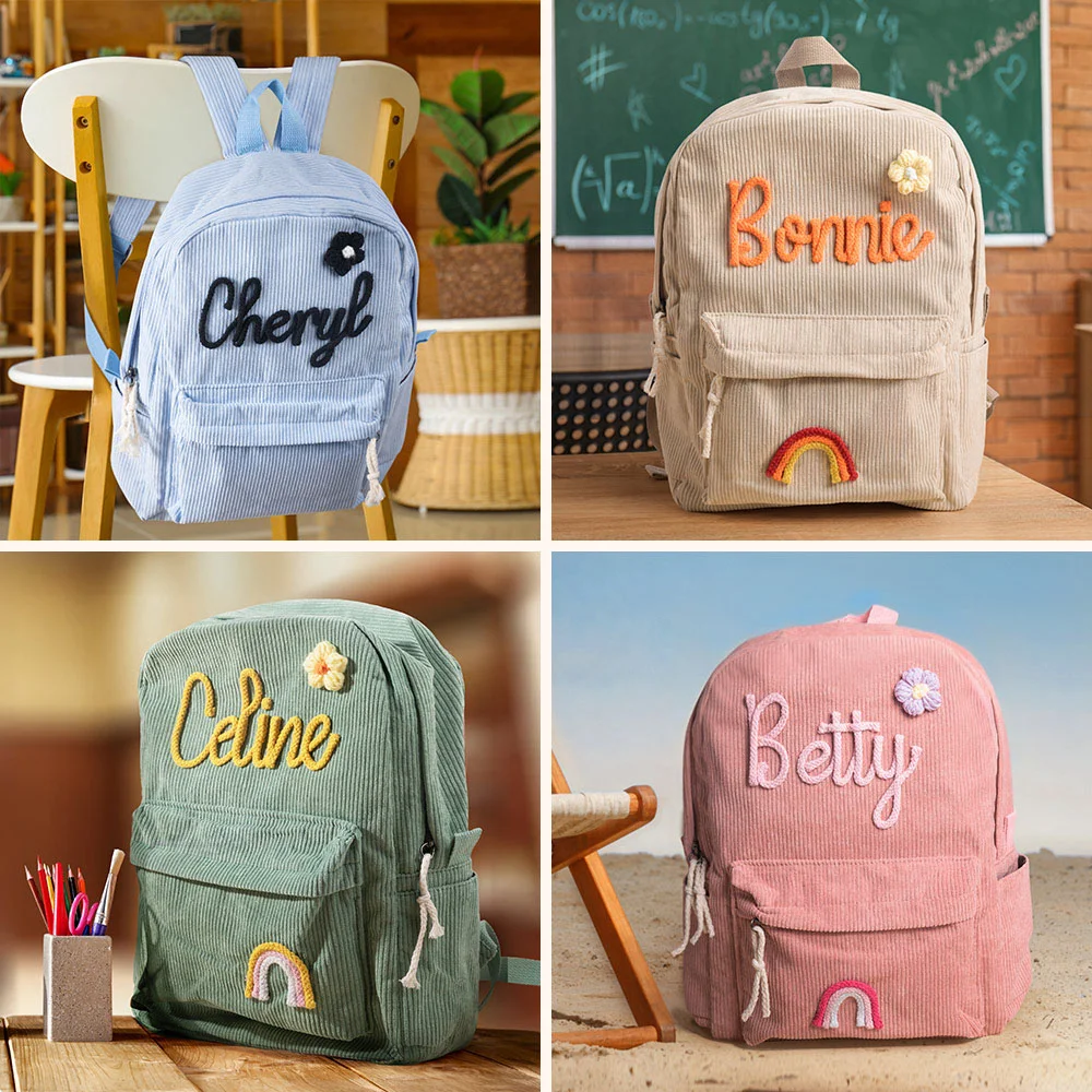 Personalized Backpack Braided Flower Rainbow Name Corduroy Backpack Birthday Gift Custom Toddler School Bag