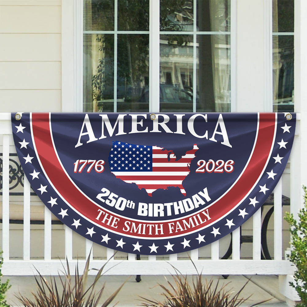 Personalized America 250th Anniversary Bunting Flag Custom Family Name America 250 Birthday 1776-2026 Non-Pleated Fan Flag