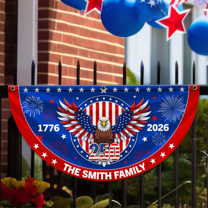 Personalized America 250th Anniversary Bunting Flag Personalized Family Name 1776-2026 250 Years Birthday America Non-Pleated Fan Flag