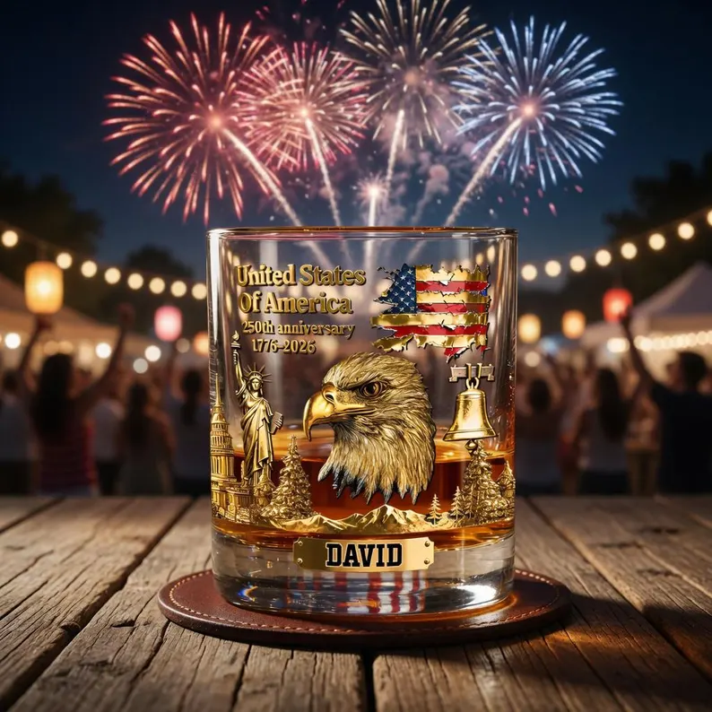 250th USA Anniversary Whiskey Glass, Patriotic Cup Gift For Him, Custom Name, 4th of July Whiskey Mug, Gift For Men