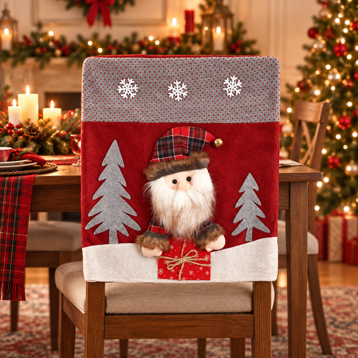 Personalized Christmas Chair Back Cover, Custom Name Santa Hat Slipcover, Gingerbread Gnome Chair Decor, Holiday Gift for Family