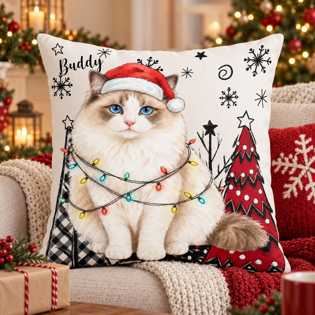 Custom Pet Photo Watercolor Art Christmas Winter Decor Gift - Personalized Pillow