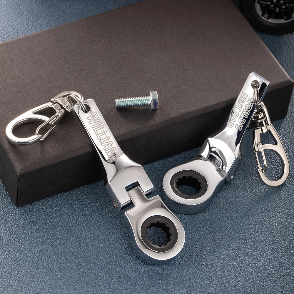 Personalized 10mm Ratchet Wrench Keychain Portable Key Ring with Engraving Flex Head Mini Hardware Tool Mechanic DIY Workshop Accessory