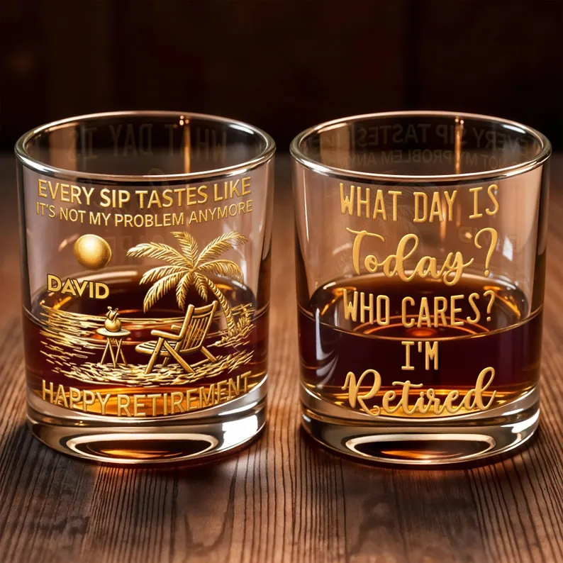 Personalized Retirement Whiskey Glass 2D Flat, Custom Happy Retirement Bourbon Tumbler, Funny Retired Gift for Men Dad Grandpa