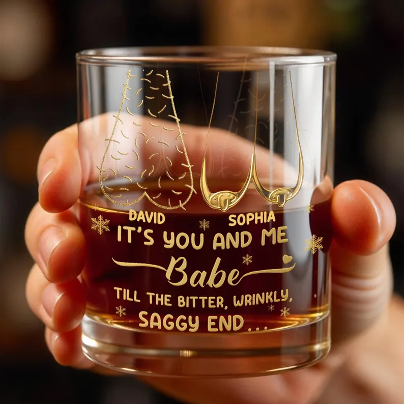 Personalized Couple Whiskey Glass Set, Custom Husband Wife Bourbon Glass, Funny Anniversary Gift, Till The Bitter Wrinkly Saggy End