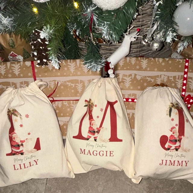 Personalized Christmas Santa Sack with Name & Initial, Custom Santa Gift Bag with Santa Claus Design, Holiday Present Sack