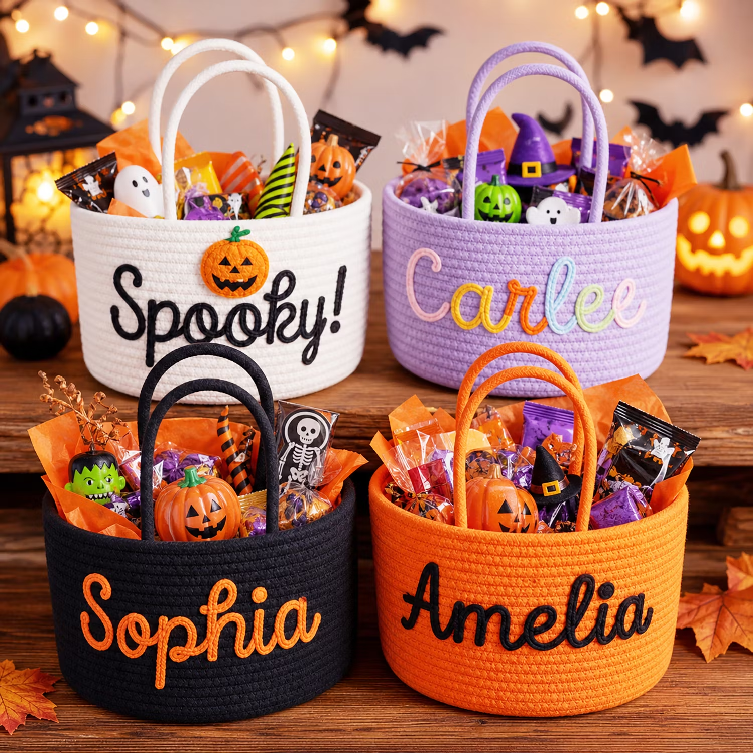 Custom Halloween Basket for Child Personalized Halloween Trick or Treat Bag with Cotton Rope Embroidery Name Customized Kids Woven Halloween Candy Bucket Gifts for Boys Girls