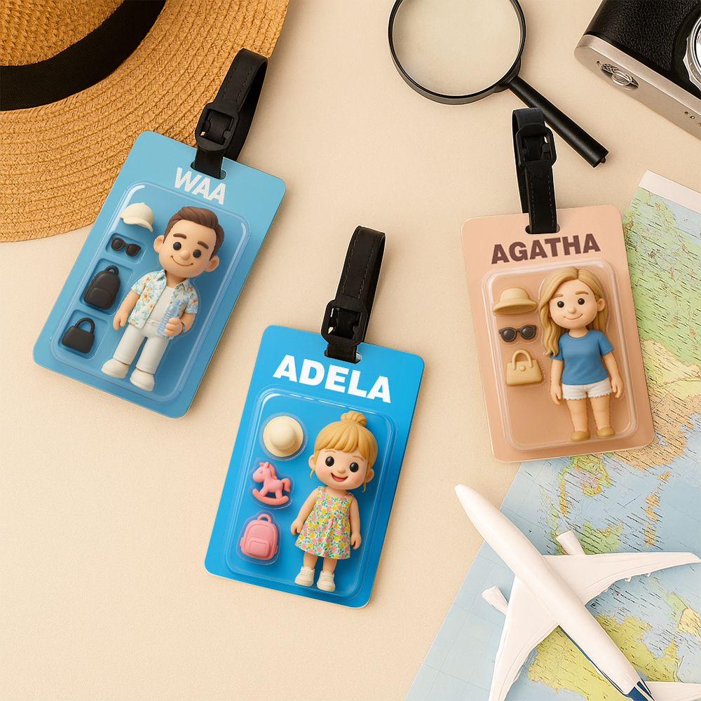 Custom 3D Effect Cartoon Fully Body Character Traveling Luggage Tag with Name and Photo 2D Printing Travel Accessory Birthday Gift for Travel Lover