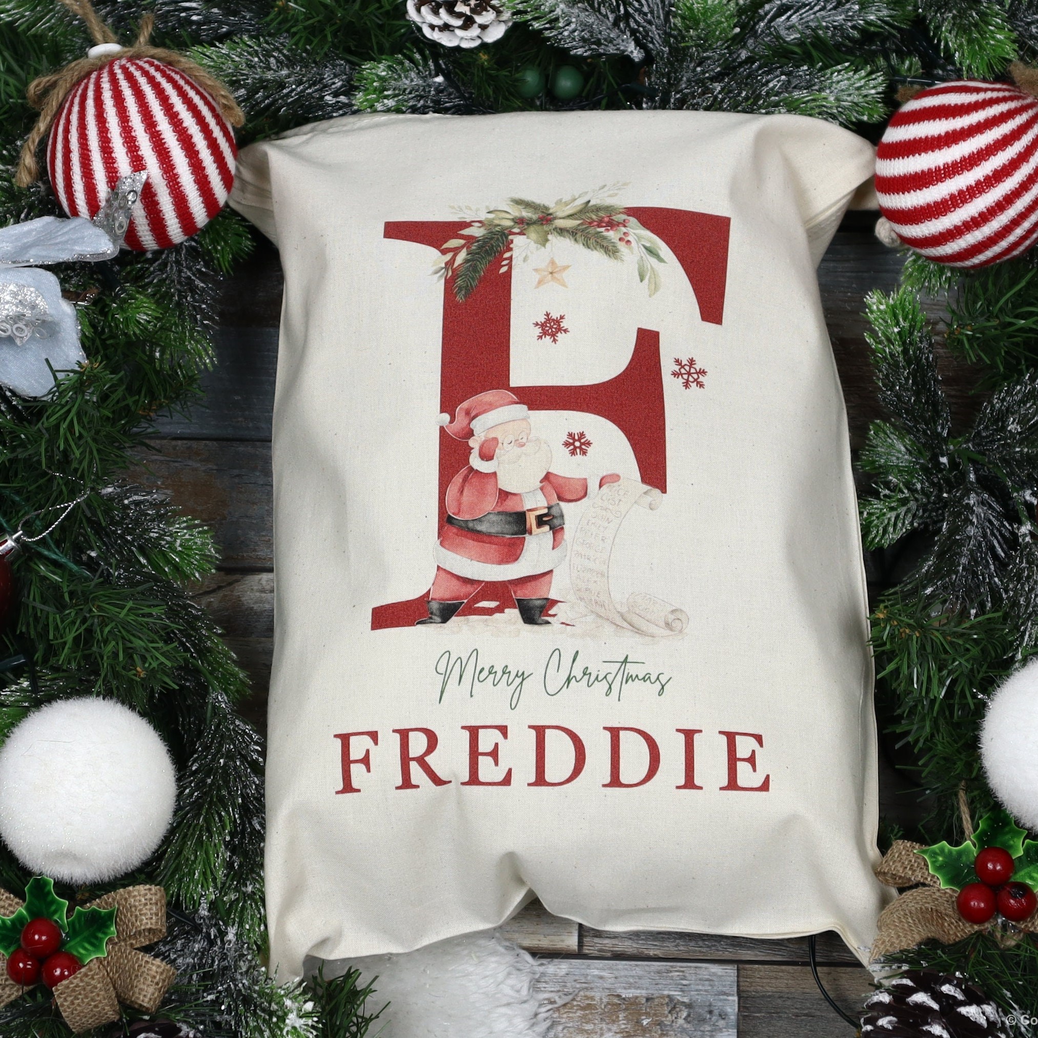 Personalized Christmas Santa Sack with Name & Initial, Custom Santa Gift Bag with Santa Claus Design, Holiday Present Sack