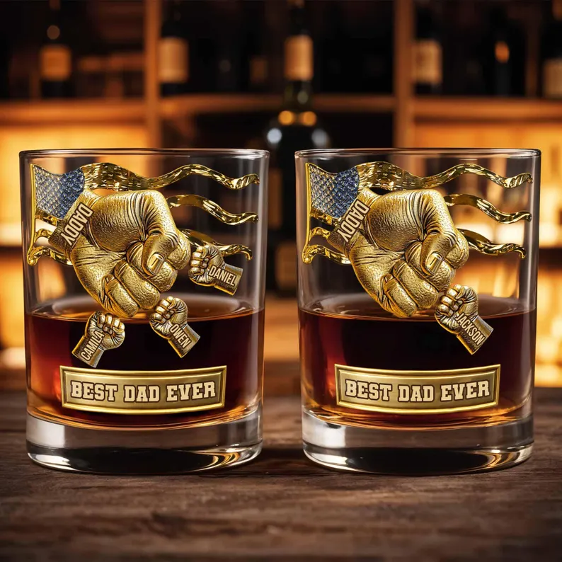 Personalized Best Dad Ever Whiskey Glass 2D Flat, Custom Dad and Kids Fist Bump Bourbon Tumbler, Father's Day Gift from Children