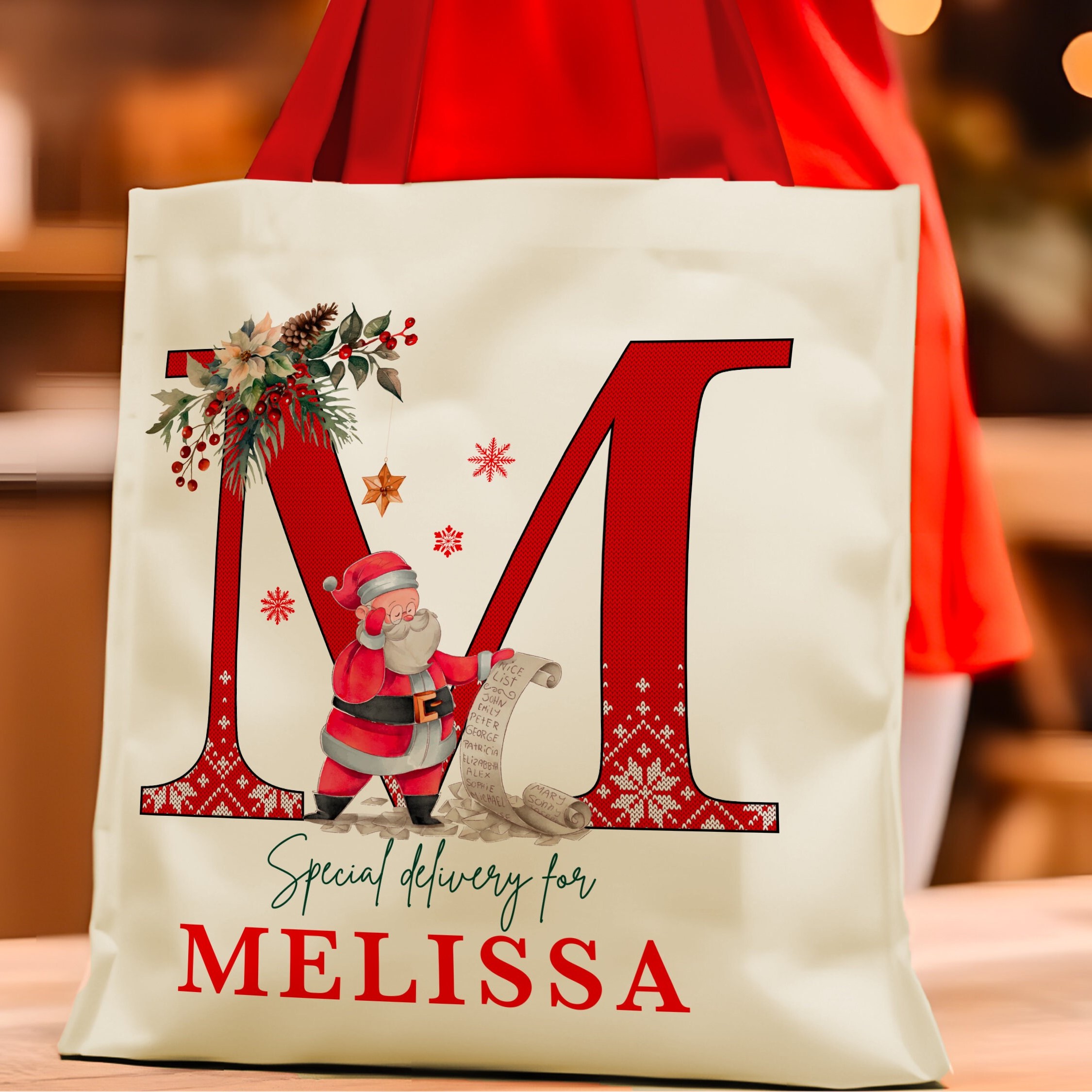 Personalized Initial Christmas Canvas Gift Bag, Custom Santa Sack 13"x16" for Holiday Presents