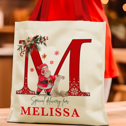 Personalized Initial Christmas Canvas Gift Bag, Custom Santa Sack 13"x16" for Holiday Presents