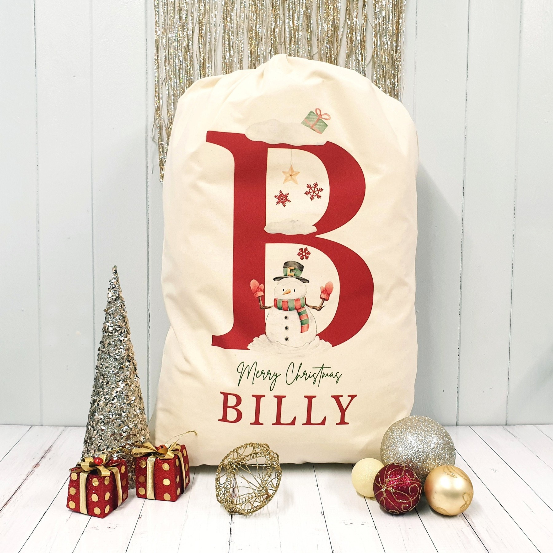 Personalized Christmas Santa Sack with Name & Initial, Custom Santa Gift Bag with Santa Claus Design, Holiday Present Sack