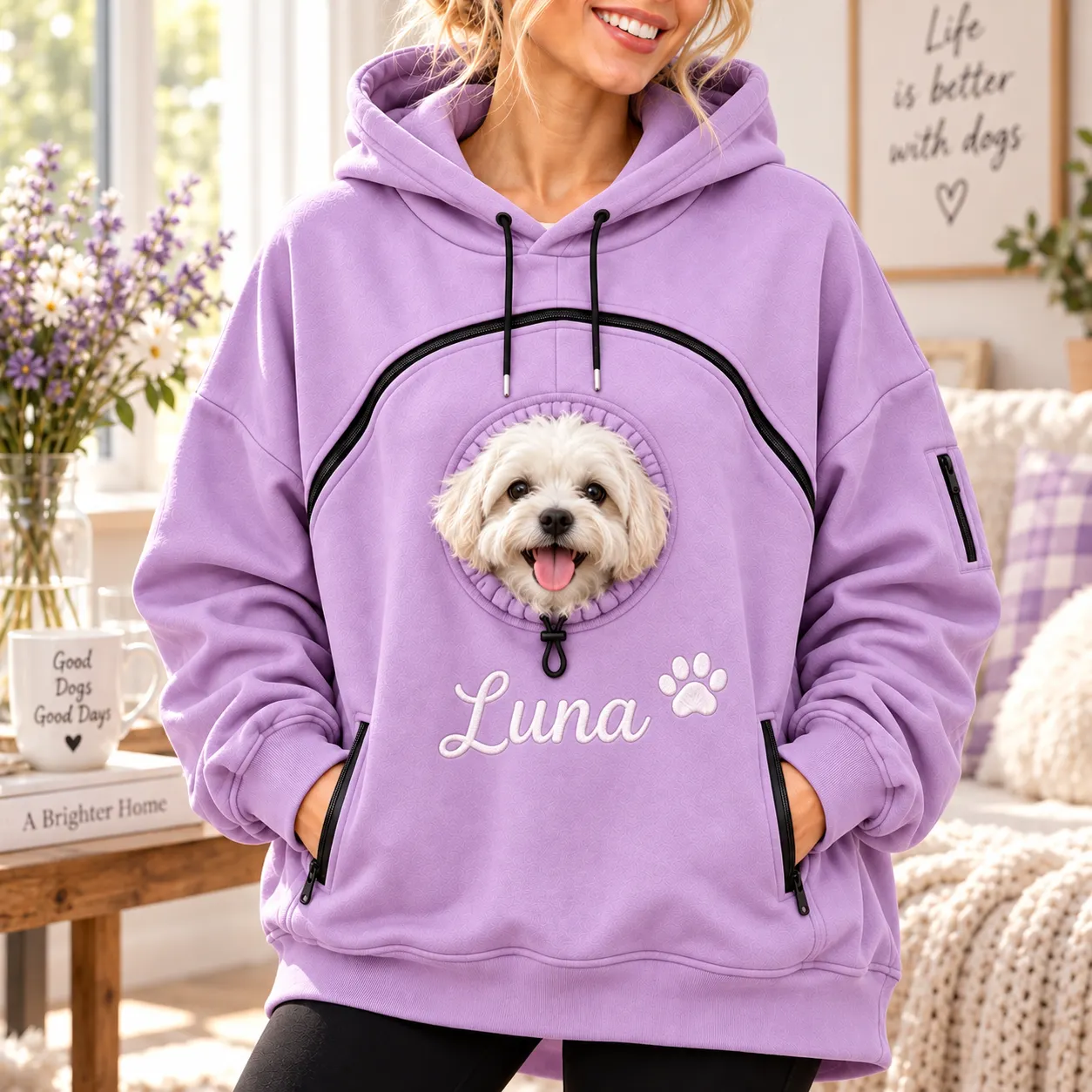 Pet Pouch Hoodie with Zippered, Customize Pet Name for Dog & Cat (Black)