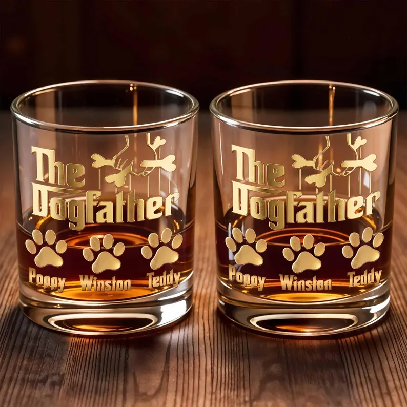 Personalized Dogfather Whiskey Glass, Custom Dog Dad Bourbon Glass, Pet Parent Gift, Dog Lover Whiskey Tumbler with Dog Names