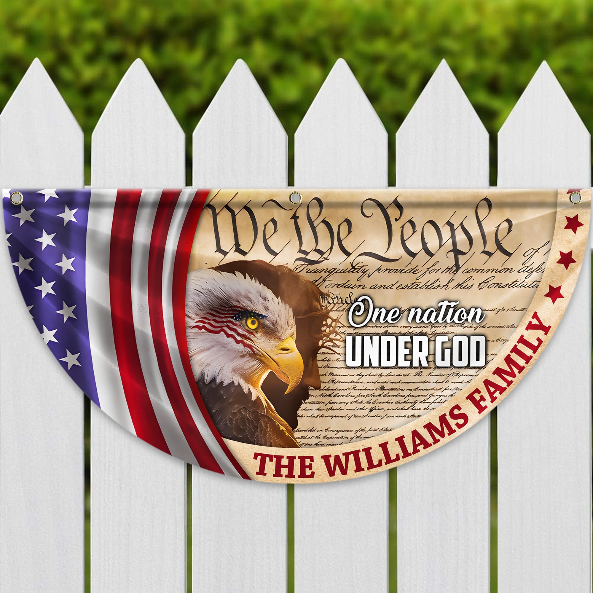 Personalized 250 Years of Freedom America Flag Personalized America 250th Anniversary Bunting Flag Personalized We The People, One Nation Under God, American Eagle Jesus Non-Pleated Fan Flag