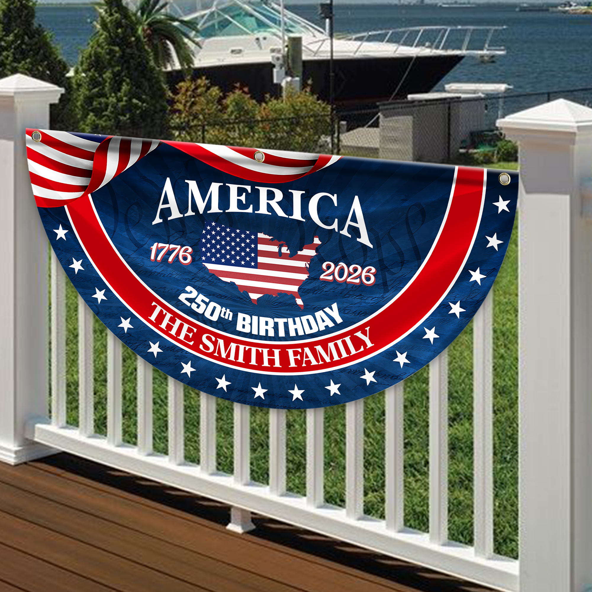 Personalized America 250th Anniversary Bunting Flag Custom Family Name America 250 Birthday 1776-2026 Non-Pleated Fan Flag