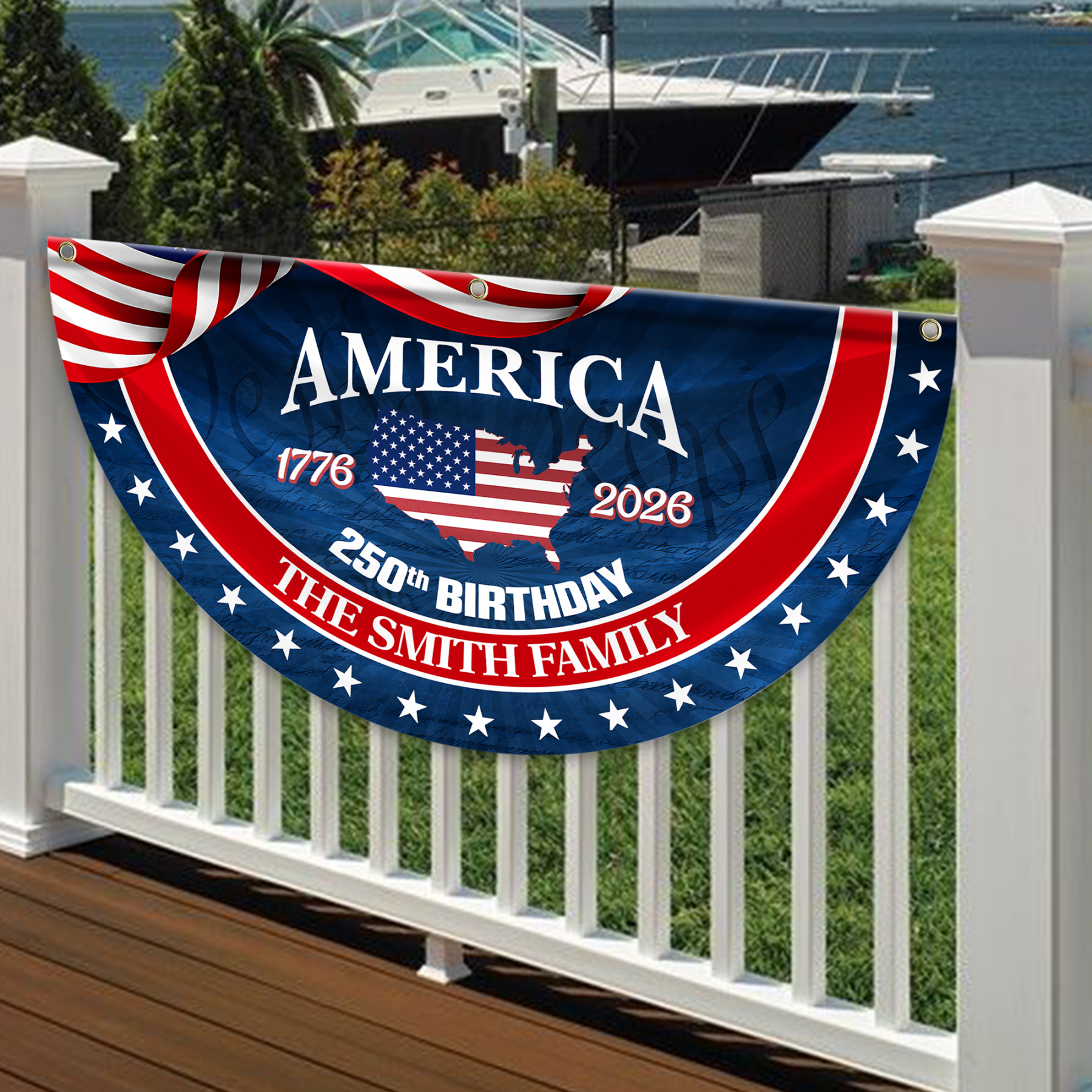 Personalized America 250th Anniversary Bunting Flag Custom Family Name America 250 Birthday 1776-2026 Non-Pleated Fan Flag