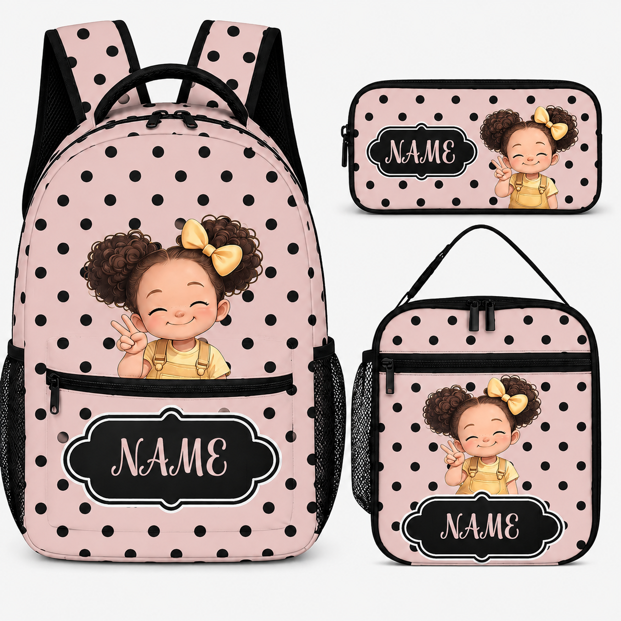 Personalized Cute Cartoon Black Girl Backpack Lunch Bag Pencil Case Set with Name Back-To-School Birthday Gift for Girls