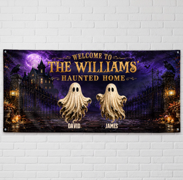 Custom Haunted Home Outdoor Banner - Personalized Halloween Decor Gifts For Mom, Dad, Brother, Sister - Beware Of Our House