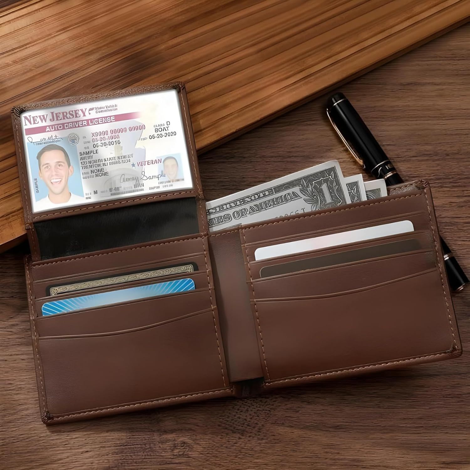 Custom Wallets for Men, Personalized Photo & Name Wallet for Men One Fist Bump Engraved Leather Wallet for Dad Husband Son BF Groomsmen Birthday Anniversary Christmas Father's Day Gifts